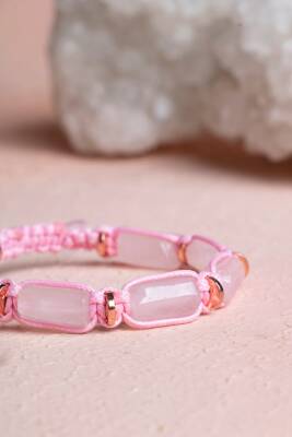 Sertifikalı Pembe Kuvars, Hematit Doğal Taş Makrome Bileklik - 3