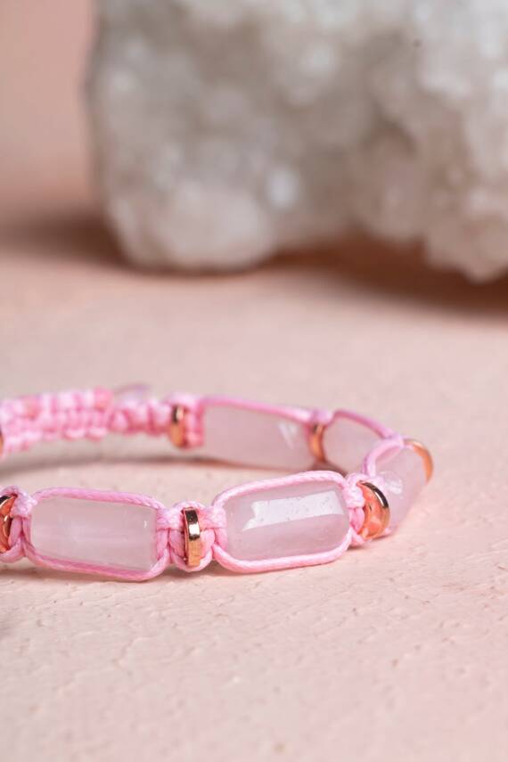 Sertifikalı Pembe Kuvars, Hematit Doğal Taş Makrome Bileklik - 3