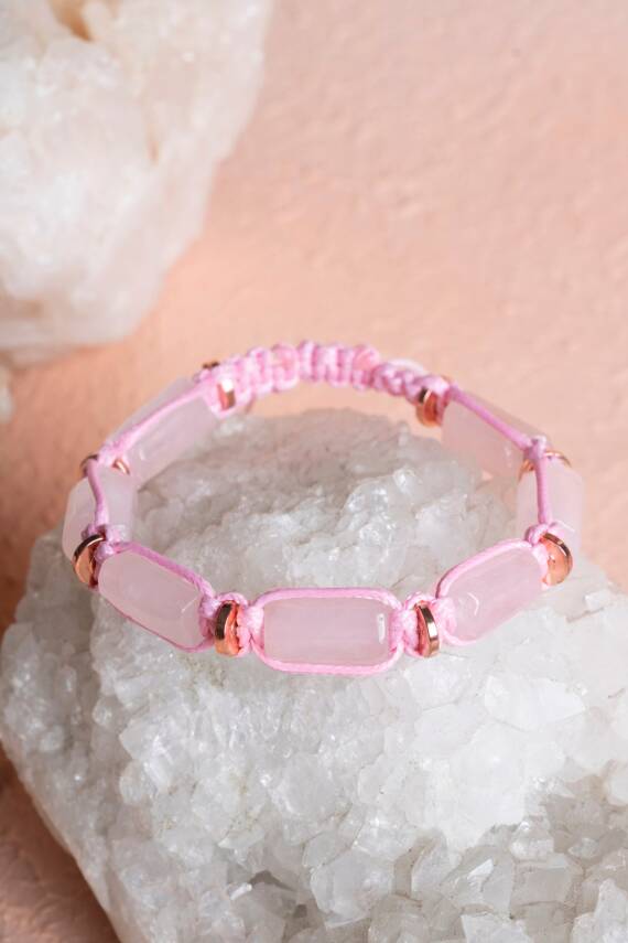 Sertifikalı Pembe Kuvars, Hematit Doğal Taş Makrome Bileklik - 4