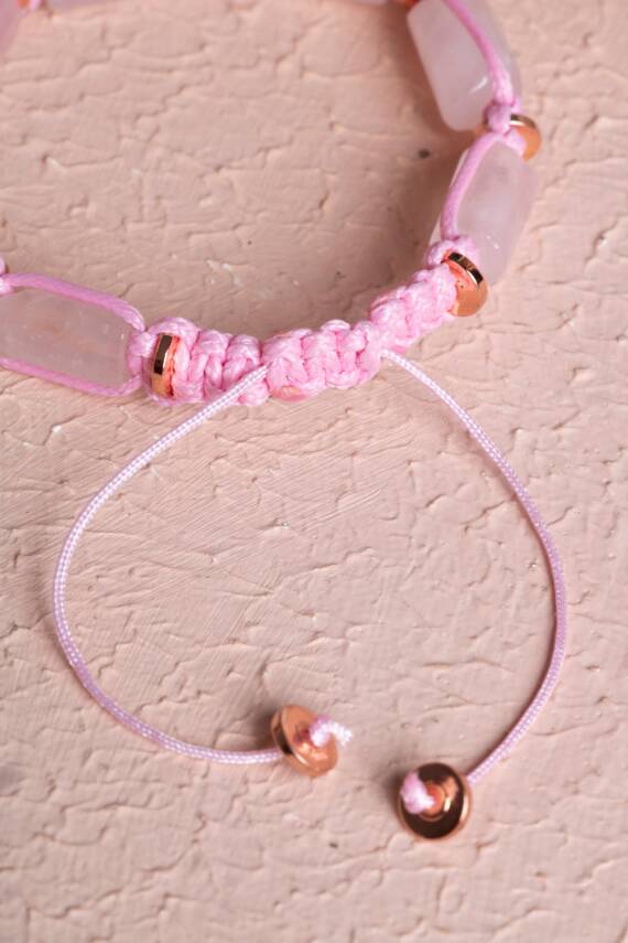 Sertifikalı Pembe Kuvars, Hematit Doğal Taş Makrome Bileklik - 5