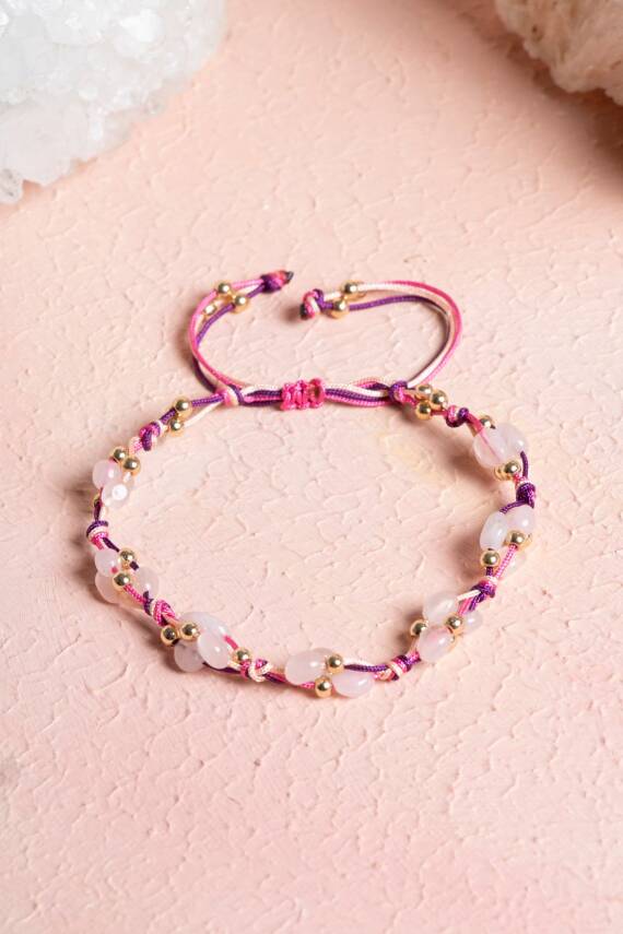 Sertifikalı Pembe Kuvars, Hematit Doğal Taş Makrome Bileklik (SK:237) - 1