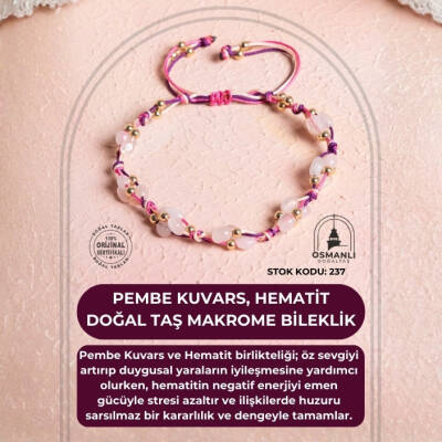 Sertifikalı Pembe Kuvars, Hematit Doğal Taş Makrome Bileklik (SK:237) - 2