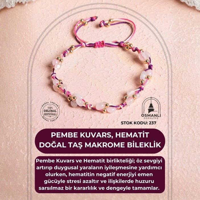 Sertifikalı Pembe Kuvars, Hematit Doğal Taş Makrome Bileklik (SK:237) - 2