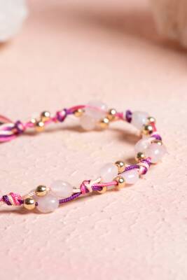 Sertifikalı Pembe Kuvars, Hematit Doğal Taş Makrome Bileklik (SK:237) - 3