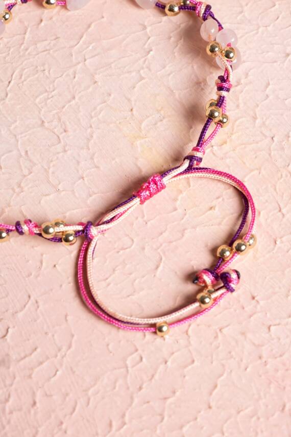 Sertifikalı Pembe Kuvars, Hematit Doğal Taş Makrome Bileklik (SK:237) - 4