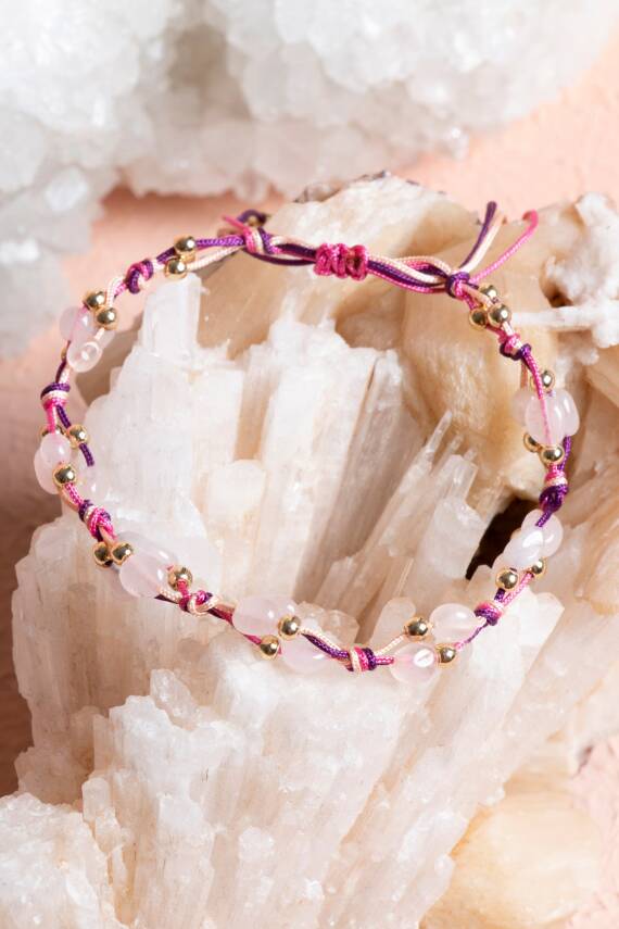 Sertifikalı Pembe Kuvars, Hematit Doğal Taş Makrome Bileklik (SK:237) - 5