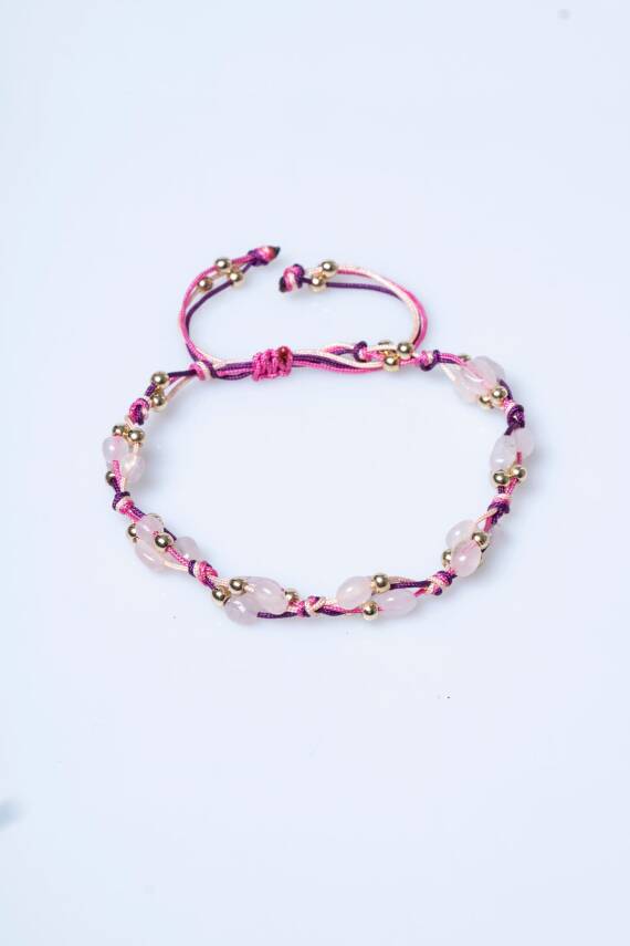 Sertifikalı Pembe Kuvars, Hematit Doğal Taş Makrome Bileklik (SK:237) - 6