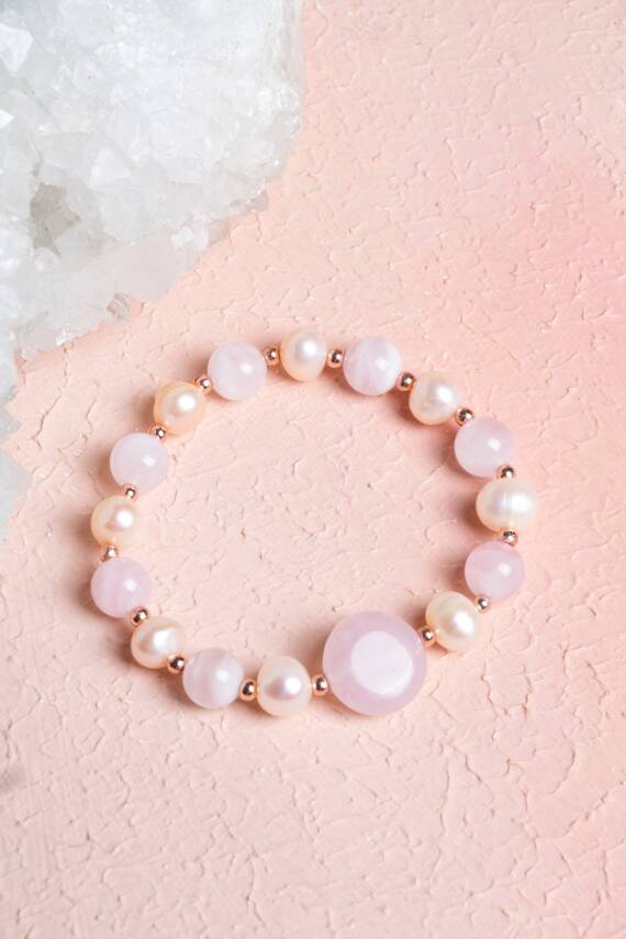 Sertifikalı Pembe Kuvars, İnci, Hematit Doğal Taş Bileklik - 3