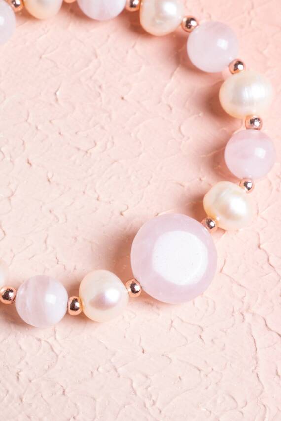 Sertifikalı Pembe Kuvars, İnci, Hematit Doğal Taş Bileklik - 4