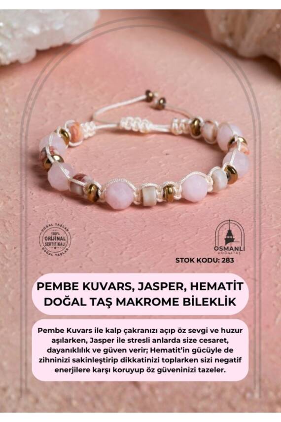 Sertifikalı Pembe Kuvars, Jasper, Hematit Doğal Taş Makrome Bileklik (SK:283) - 1