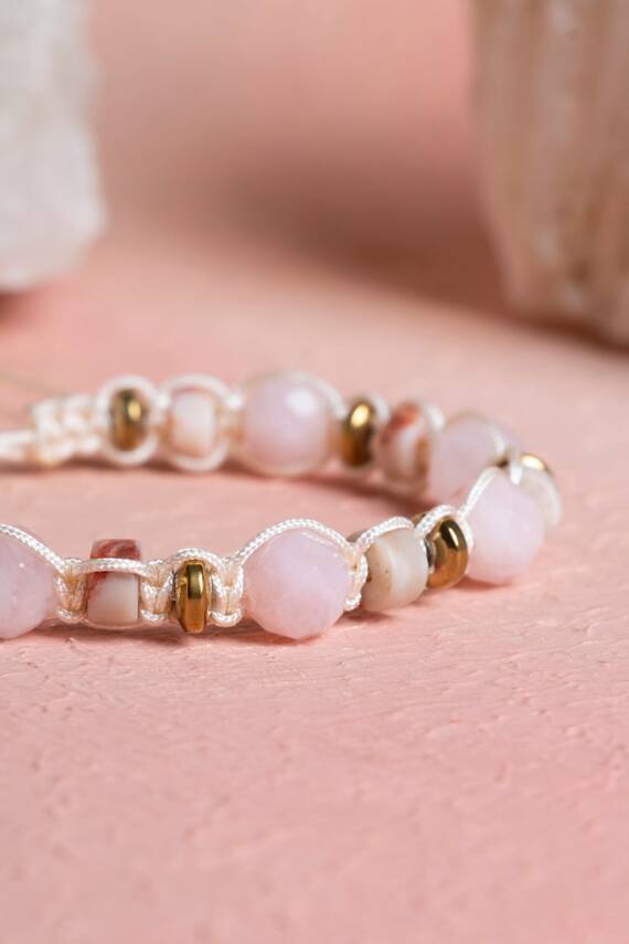 Sertifikalı Pembe Kuvars, Jasper, Hematit Doğal Taş Makrome Bileklik (SK:283) - 3