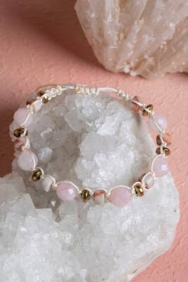 Sertifikalı Pembe Kuvars, Jasper, Hematit Doğal Taş Makrome Bileklik (SK:283) - 5