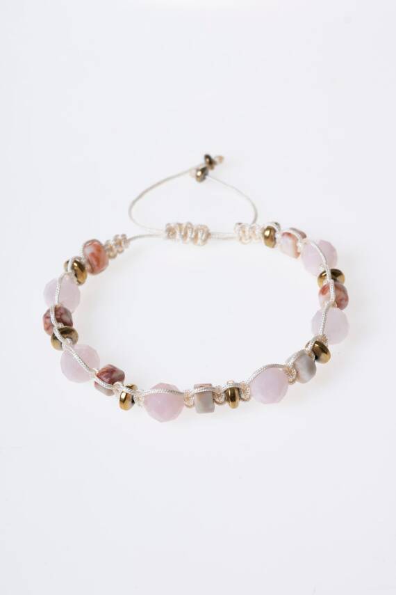 Sertifikalı Pembe Kuvars, Jasper, Hematit Doğal Taş Makrome Bileklik (SK:283) - 6