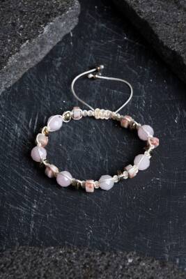 Sertifikalı Pembe Kuvars, Jasper ve Hematit Doğal Taş Makrome Bileklik (SK:159) - Osmanlı Doğal Taş