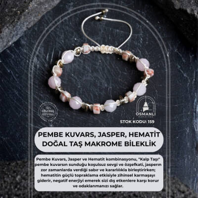 Sertifikalı Pembe Kuvars, Jasper ve Hematit Doğal Taş Makrome Bileklik (SK:159) - 2