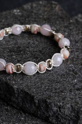 Sertifikalı Pembe Kuvars, Jasper ve Hematit Doğal Taş Makrome Bileklik (SK:159) - 3