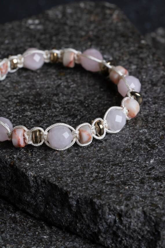 Sertifikalı Pembe Kuvars, Jasper ve Hematit Doğal Taş Makrome Bileklik (SK:159) - 3