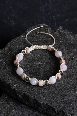 Sertifikalı Pembe Kuvars, Jasper ve Hematit Doğal Taş Makrome Bileklik (SK:159) - 4