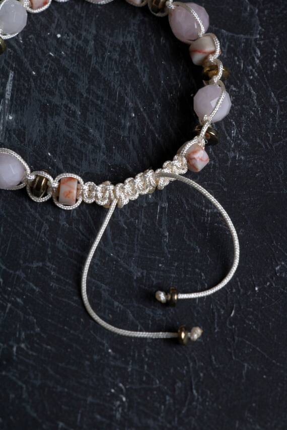 Sertifikalı Pembe Kuvars, Jasper ve Hematit Doğal Taş Makrome Bileklik (SK:159) - 5