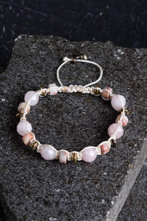 Sertifikalı Pembe Kuvars, Jasper ve Hematit Doğal Taş Makrome Bileklik (SK:162) - 1