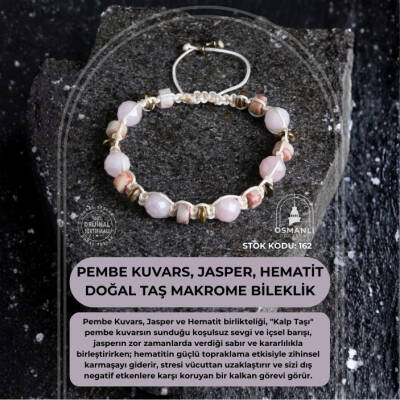 Sertifikalı Pembe Kuvars, Jasper ve Hematit Doğal Taş Makrome Bileklik (SK:162) - 2