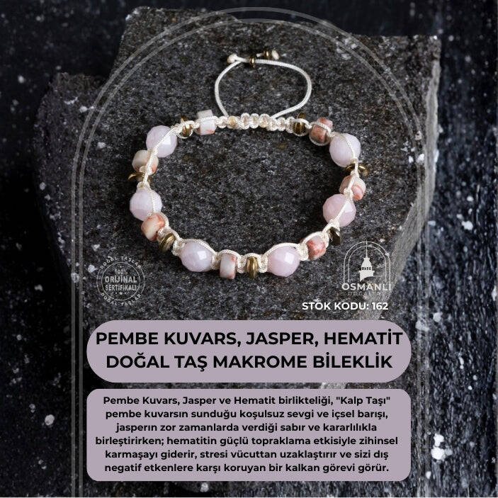 Sertifikalı Pembe Kuvars, Jasper ve Hematit Doğal Taş Makrome Bileklik (SK:162) - 2