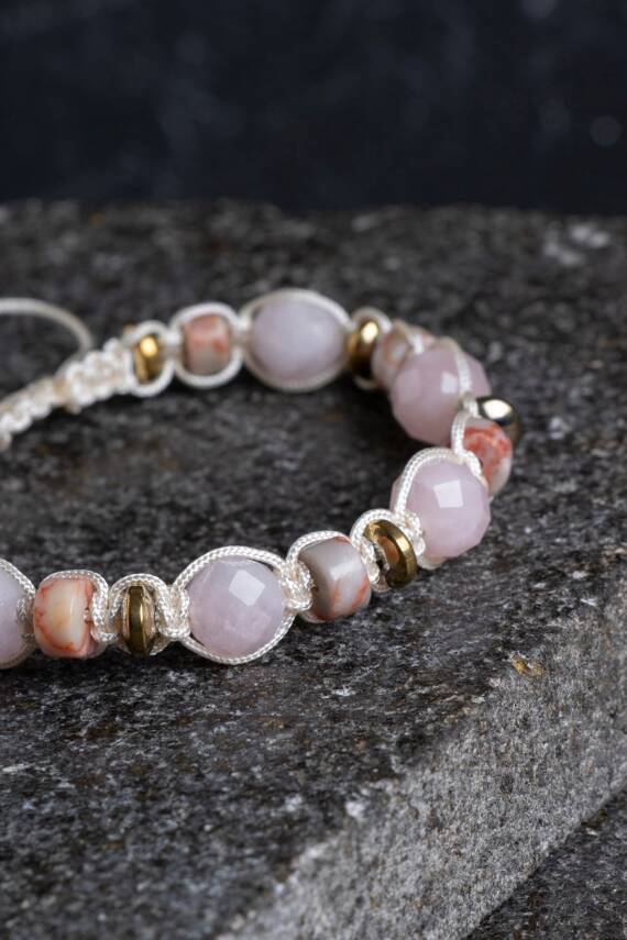 Sertifikalı Pembe Kuvars, Jasper ve Hematit Doğal Taş Makrome Bileklik (SK:162) - 3