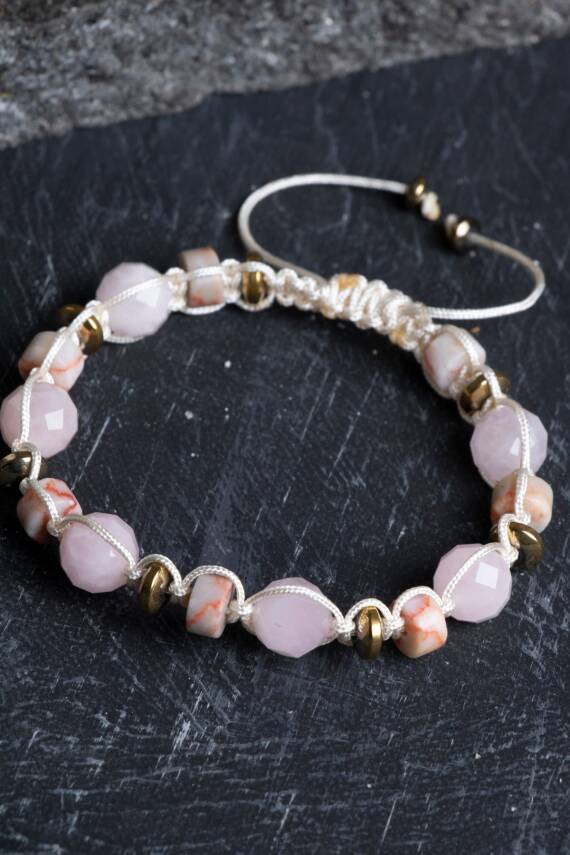 Sertifikalı Pembe Kuvars, Jasper ve Hematit Doğal Taş Makrome Bileklik (SK:162) - 5