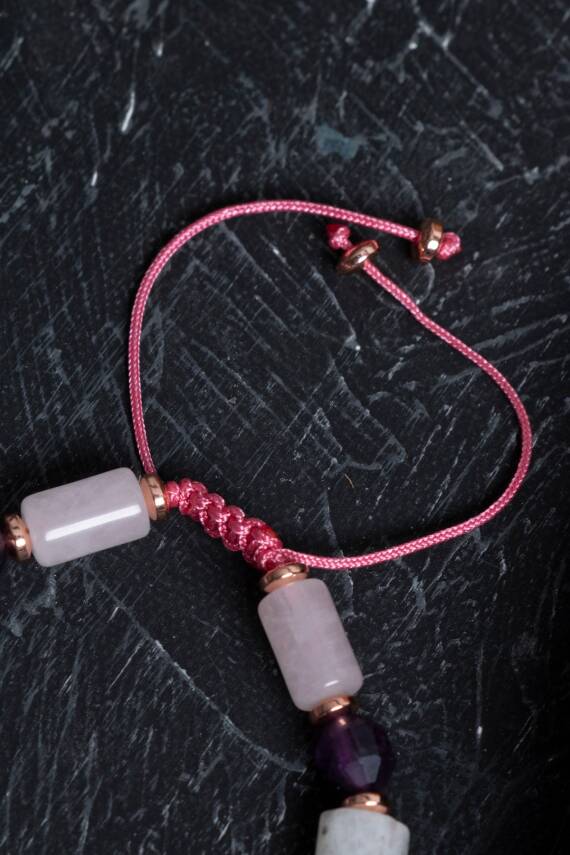 Sertifikalı Pembe Kuvars ve Hematit Doğal Taş Bileklik - 1