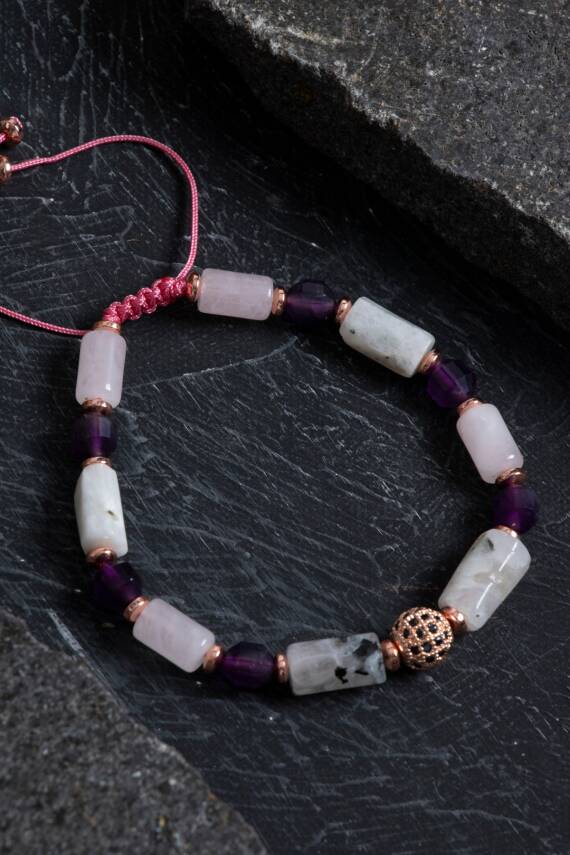 Sertifikalı Pembe Kuvars ve Hematit Doğal Taş Bileklik - 2