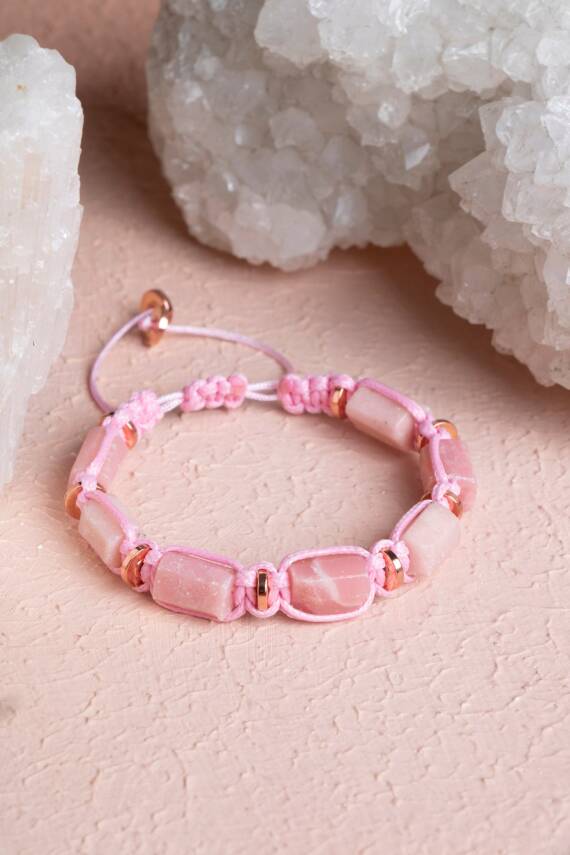 Sertifikalı Pembe Opal, Hematit Doğal Taş Makrome Bileklik - 1