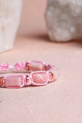 Sertifikalı Pembe Opal, Hematit Doğal Taş Makrome Bileklik - 2