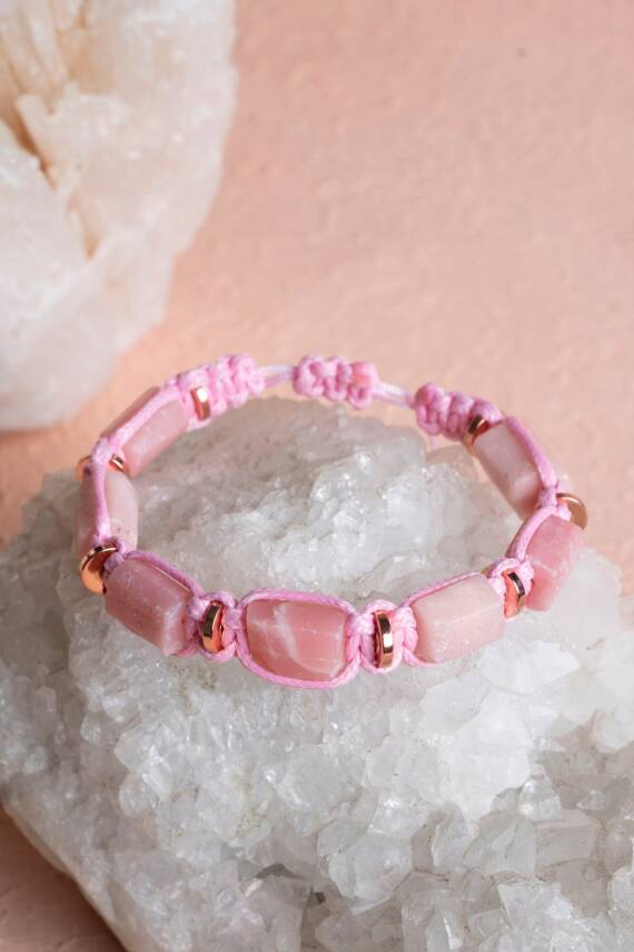 Sertifikalı Pembe Opal, Hematit Doğal Taş Makrome Bileklik - 3