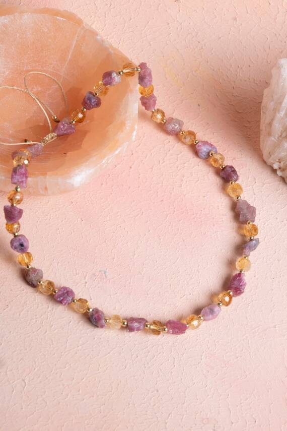 Sertifikalı Pembe Turmalin, Sitrin Doğal Taş Makrome Kolye (SK:090) - 1