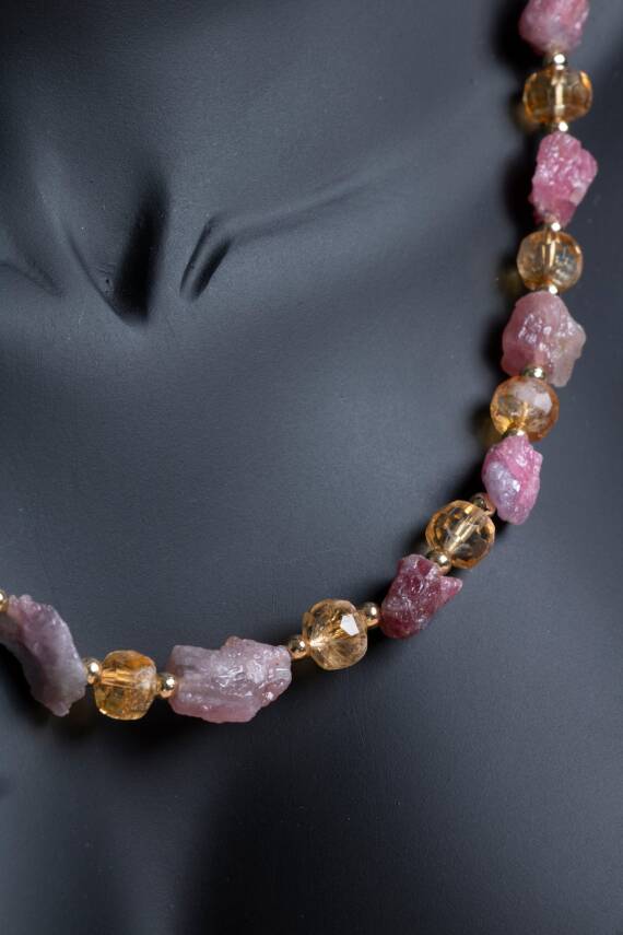 Sertifikalı Pembe Turmalin, Sitrin Doğal Taş Makrome Kolye (SK:090) - 4