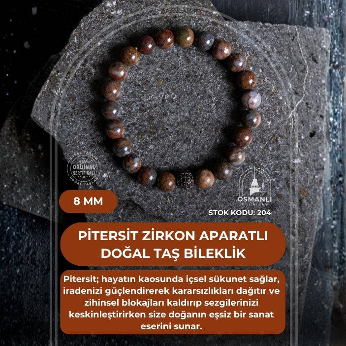 Sertifikalı Pitersit Zirkon Aparatlı Doğal Taş Bileklik-8 mm (SK:204) - 2