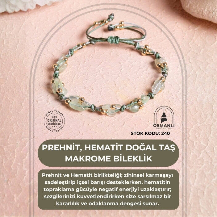 Sertifikalı Prehnit, Hematit Doğal Taş Makrome Bileklik (SK:240) - 2