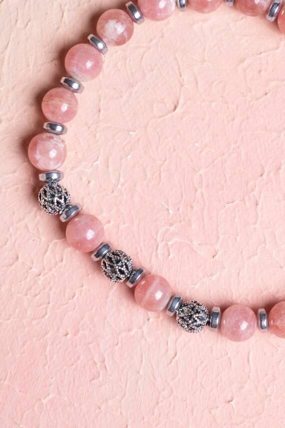 Sertifikalı Rodokrosit Gümüş Aparat Doğal Taş Bileklik - 4