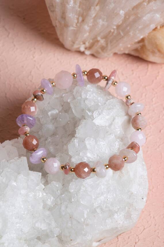 Sertifikalı Rodokrosit, Güneş Taşı, Ametist, Pembe Kuvars Doğal Taş Bileklik (SK:368) - 2