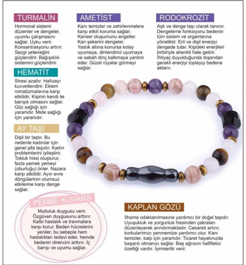 Sertifikalı Rodokrozit, Pembe Kuvars, Hematit Doğal Taş Kolye - 2