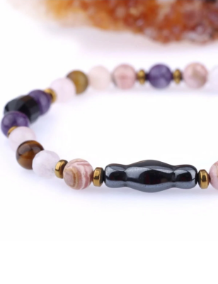 Sertifikalı Rodokrozit, Pembe Kuvars, Hematit Doğal Taş Kolye - 4