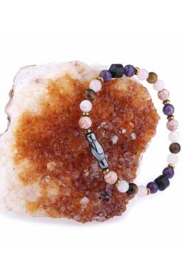 Sertifikalı Rodokrozit, Pembe Kuvars, Hematit Doğal Taş Kolye - 5