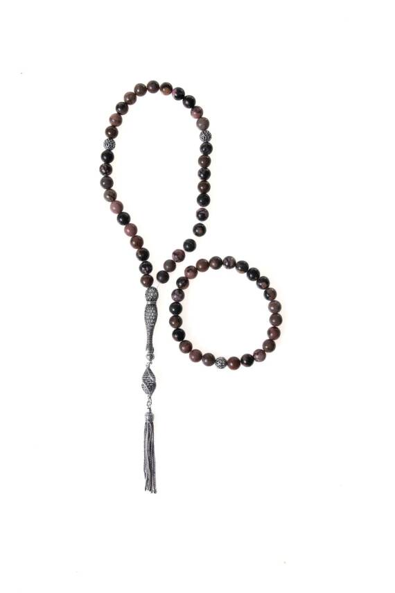 Sertifikalı Rodonit 925 Ayar Gümüş 8 mm İmameli Tesbih & Bileklik Seti - 1