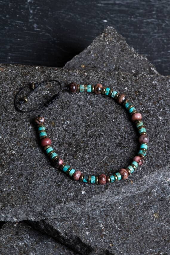 Sertifikalı Rodonit, Turkuaz Doğal Taş Makrome Bileklik - 1