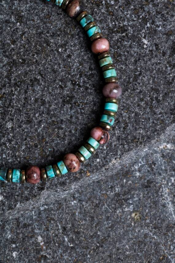 Sertifikalı Rodonit, Turkuaz Doğal Taş Makrome Bileklik - 2