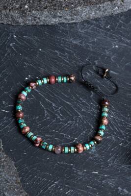 Sertifikalı Rodonit, Turkuaz Doğal Taş Makrome Bileklik - 4