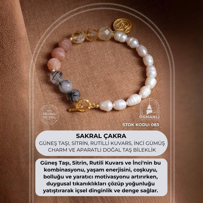 Sertifikalı Sakral Çakra Bilekliği: Güneş Taşı, Sitrin, Rutilli Kuvars, İnci Gümüş Charm ve Aparatlı Doğal Taş Bileklik (SK:083) - 2