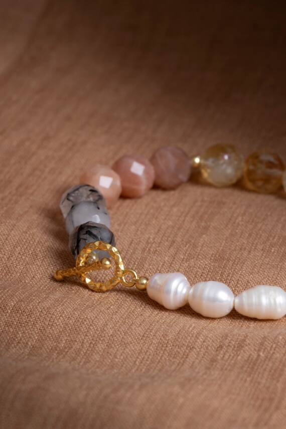 Sertifikalı Sakral Çakra Bilekliği: Güneş Taşı, Sitrin, Rutilli Kuvars, İnci Gümüş Charm ve Aparatlı Doğal Taş Bileklik (SK:083) - 9