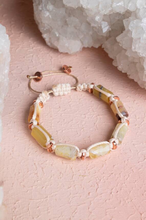 Sertifikalı Sarı Opal, Hematit Doğal Taş Makrome Bileklik - 1