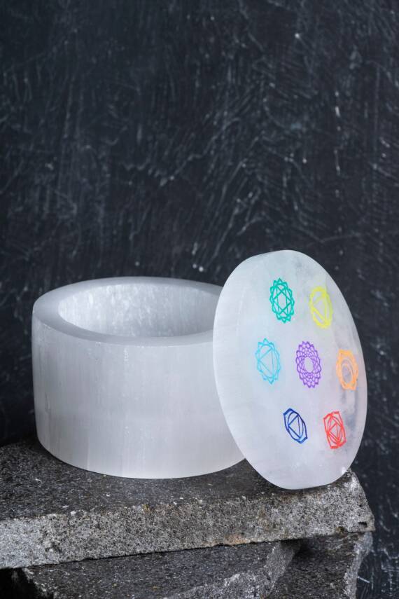 Sertifikalı Selenit Çakra Motifli Yuvarlak Takı Kutusu - 2